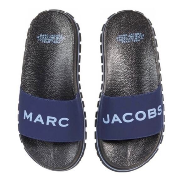 Marc Jacobs Slides Womens Size 5 Navy Blue Logo Slip On Sandals Pool Beach NIB - Picture 14 of 16